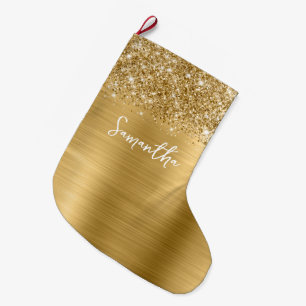 Meia De Natal Grande Nome do Glam Dourado da Glittery