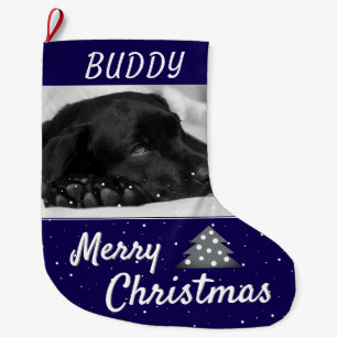 Meia De Natal Grande Nome e Foto do Cão Azul Festivo