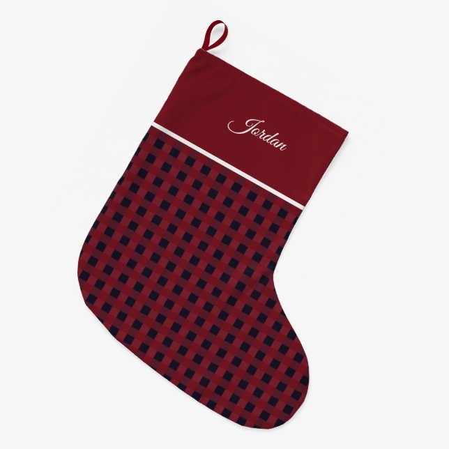 Meia De Natal Grande Nome Gingham do Marinho Vermelho Simples Elegante (Frente (Pendurada))