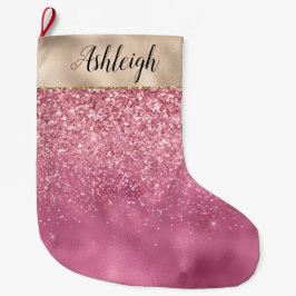 Meia De Natal Grande Nome Glitzy Brilhante Rosa Rosa Dourado