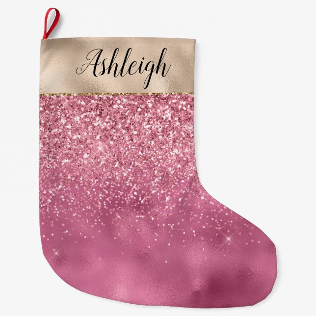 Meia De Natal Grande Nome Glitzy Brilhante Rosa Rosa Dourado (Frente)