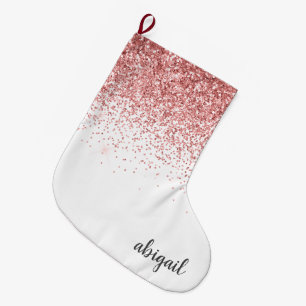 Meia De Natal Grande Nome Monograma Moderno Brilho Rosa Corado Menina 