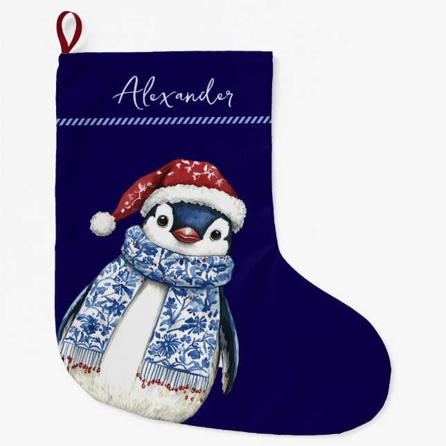 Meia De Natal Grande Nome Personalizado Chinoiserie Penguin (Frente)