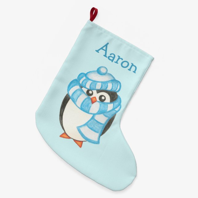 Meia De Natal Grande Nome Personalizado Crianças Penguin de Natal (Frente (Pendurada))