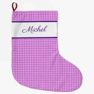 Meia De Natal Grande Nome personalizado da lavanda do padrão de Xadrez