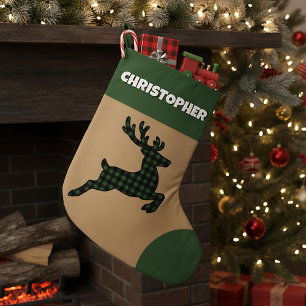 Meia De Natal Grande Nome Personalizado da Rama Verde e Xadrez Negra Ru