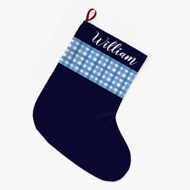 Meia De Natal Grande Nome personalizado da Xadrez azul russa (Frente (Pendurada))