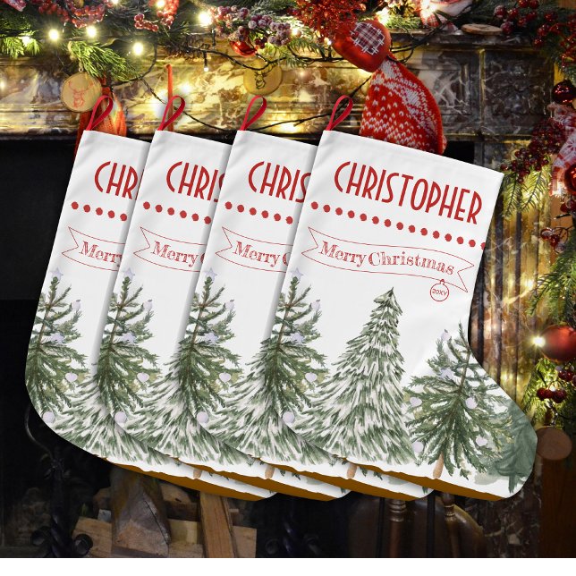 Meia De Natal Grande Nome Personalizado de Feliz Natal Botânico Verde (Criador carregado)