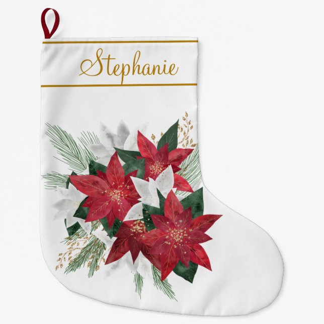 Meia De Natal Grande Nome Personalizado de Poinsettia Vermelha Elegante (Frente)