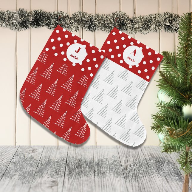 Meia De Natal Grande Nome Personalizado de Pontos e Árvores de Natal (Criador carregado)