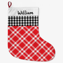 Meia De Natal Grande Nome Personalizado de Xadrez de Búfalo Rústico Pre