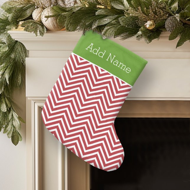 Meia De Natal Grande Nome Personalizado dos Chevrons Vermelho e Branco (Personalized Christmas Stocking)
