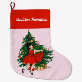 Meia De Natal Grande Nome Personalizado Retro Christmas Girl Tree Rosa