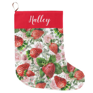 Meia De Natal Grande Nome Personalizado Strawberry Floral