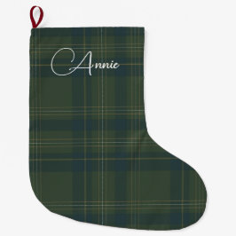 Meia De Natal Grande Nome Personalizado Xadrez de Tartan Verde Buffalo