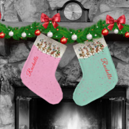 Meia De Natal Grande Nome Rosa Marching Quirky Christmas Reindeer