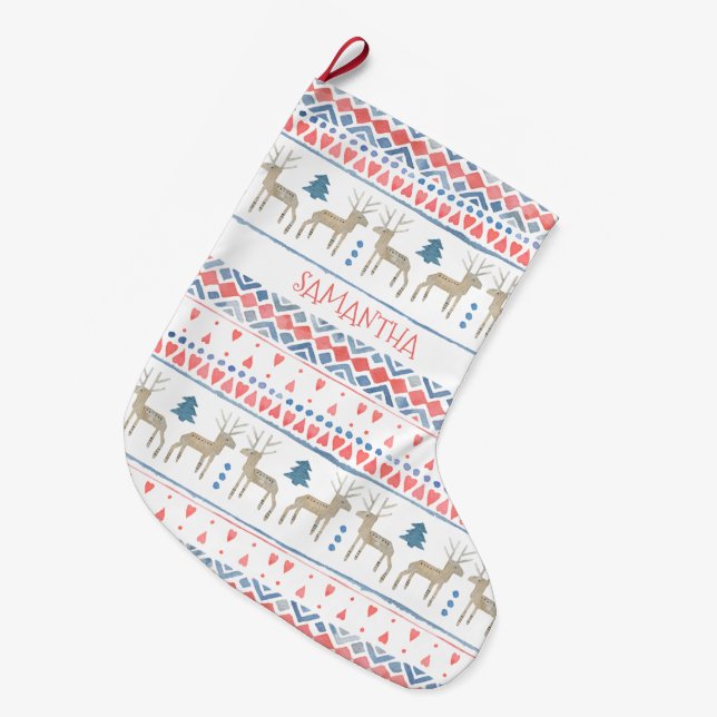 Meia De Natal Grande Nórdico Reindeer Scandinavian Fairisle Personaliza (Frente (Pendurada))