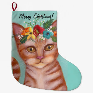 Meia De Natal Grande Orange Cat Whimsic Art