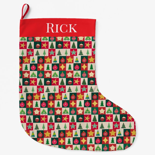 Meia De Natal Grande Ornamentos de Árvores e Colagem de Estrelas (Frente)