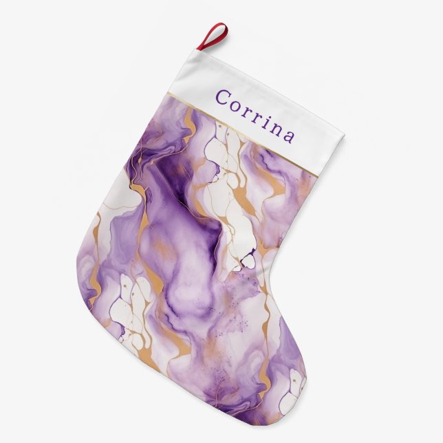 Meia De Natal Grande Ouro Branco Roxo Abstrato (Frente (Pendurada))