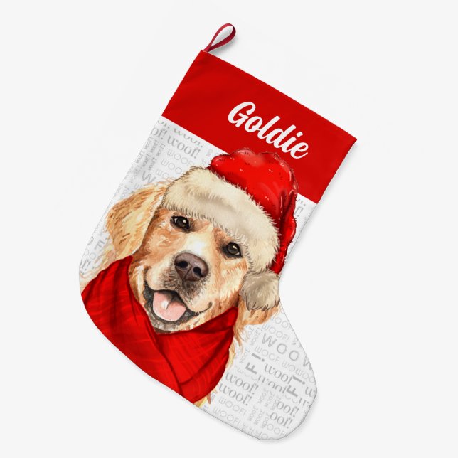 Meia De Natal Grande Ouro de Natal Retriever com Nome de Cão (Frente (Pendurada))