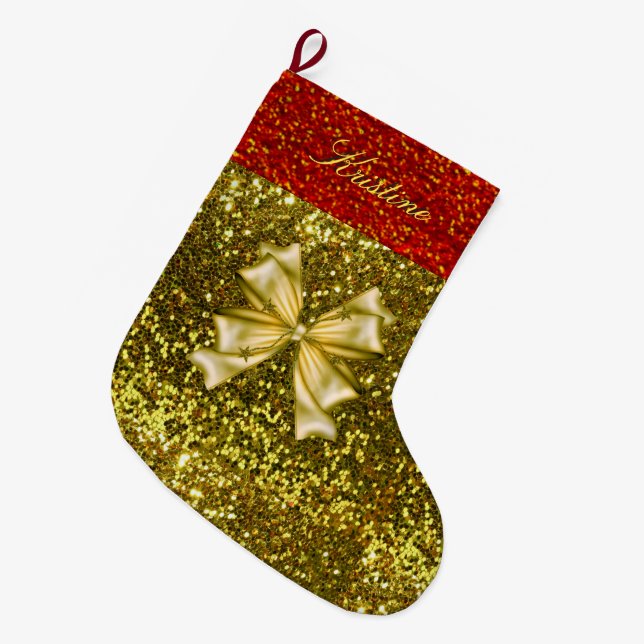 Meia De Natal Grande Ouro e vermelhos com Arco (Frente (Pendurada))