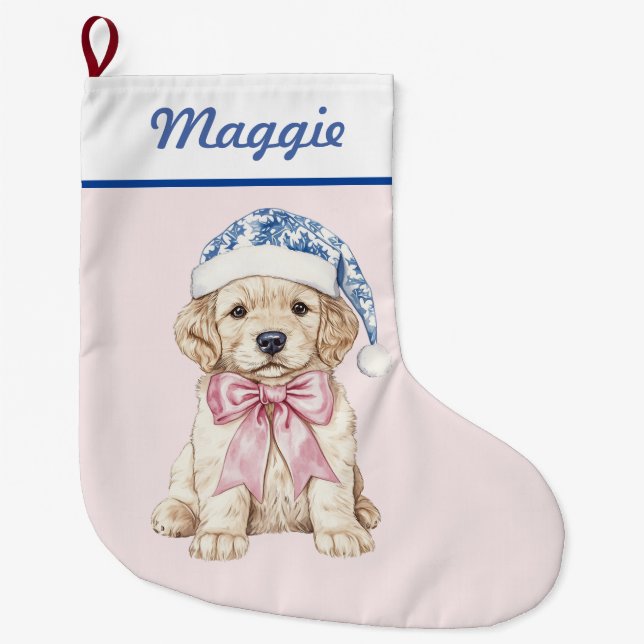 Meia De Natal Grande Ouro Retirador Puppy no Blue Damask Santa Hat (Frente)