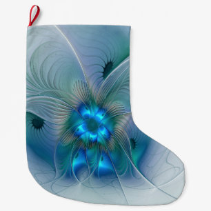 Meia De Natal Grande Ovinas de Pé, Fractal Turquesa Azul Abstrato