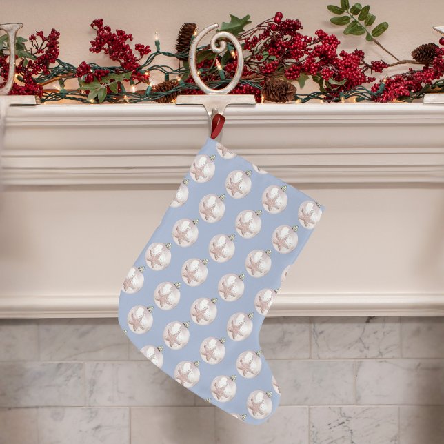 Meia De Natal Grande Padrão azul empoeirado de ornamentação de estrelas (Pink Sea Star Ornament dusty blue pattern Large Christmas Stocking)