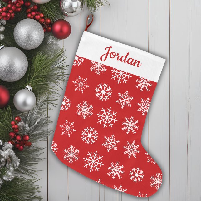 Meia De Natal Grande Padrão Classic Red & White Snowflake Personalizado (Classic Red & White Snowflake Pattern Personalized Large Christmas Stocking)