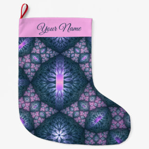 Meia De Natal Grande Padrão de arte fractal 3D Turquesa Rosa Roxo Nome