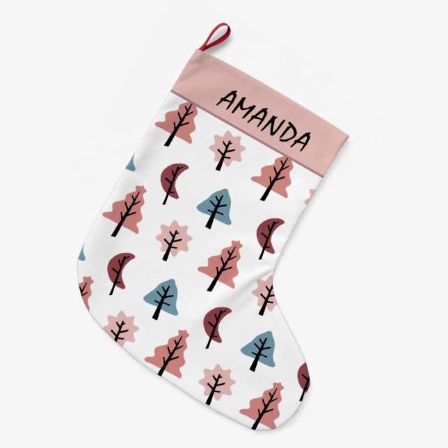 Meia De Natal Grande Padrão de Árvore de Feriado Moderno - Nome do Clie (Frente (Pendurada))