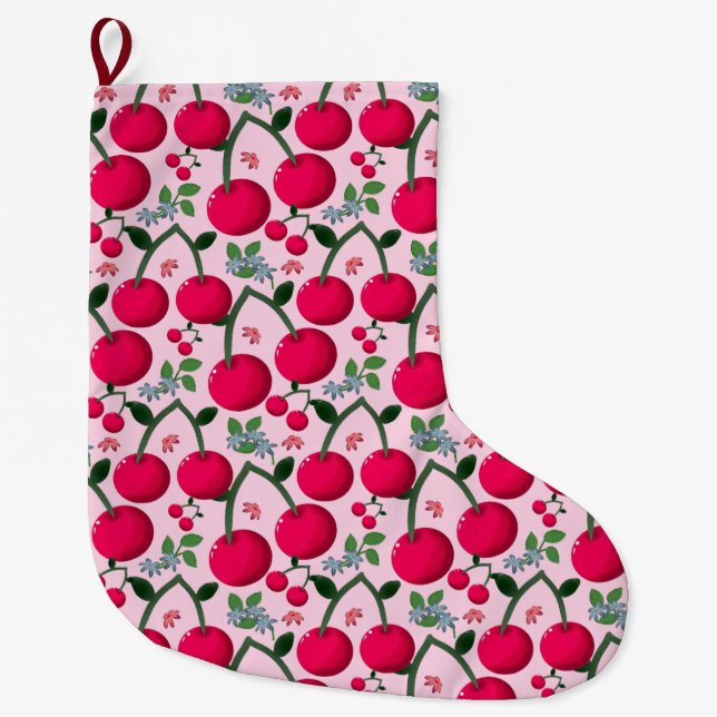 Meia De Natal Grande Padrão de Cereja Fofa, Fruta Kawaii Brilhante (Frente)