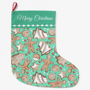 Meia De Natal Grande Padrão de Cookies de Feriado no Teal