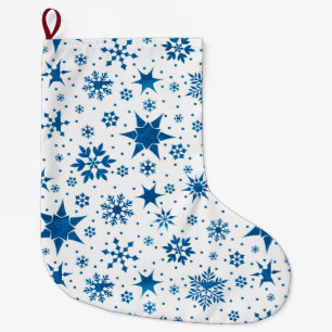 Meia De Natal Grande Padrão de Floco de Neve Azul