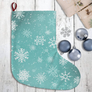 Meia De Natal Grande Padrão de Flocos de Neve Azul Verde Inverno Suave