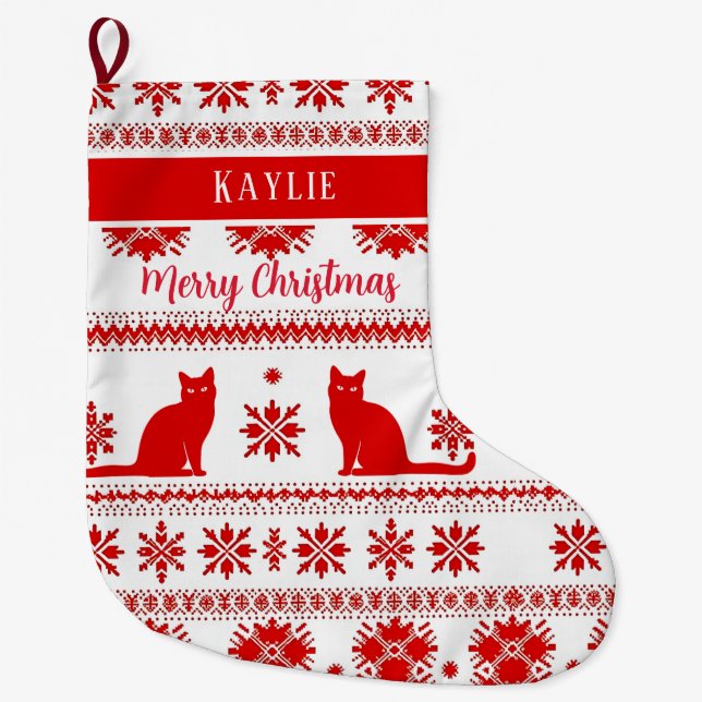 Meia De Natal Grande Padrão de Gato Nórdico Vermelho de Natal (Frente)