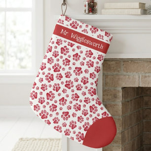 Meia De Natal Grande Padrão de Impressão de Pata em Aquarela Vermelha
