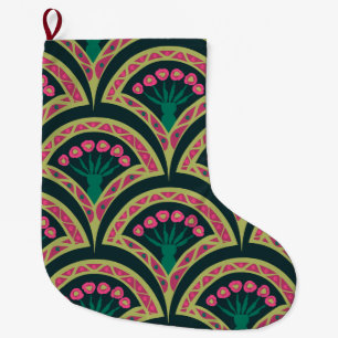 Meia De Natal Grande Padrão de leque floral rosa e verde