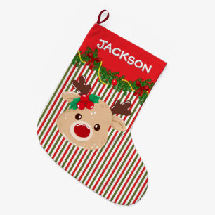 Meia De Natal Grande Padrão de Listra de Natal Retro & Rena Personaliza