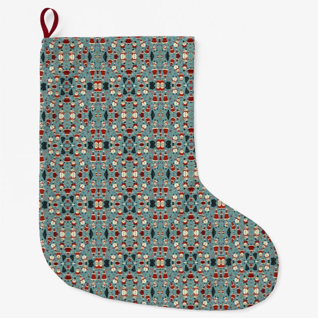 Meia De Natal Grande Padrão de Natal com fundo azul (Frente)