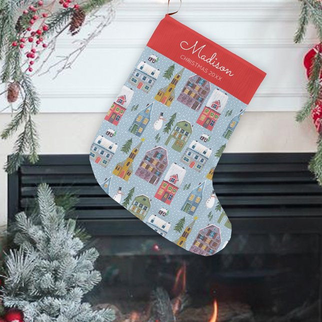 Meia De Natal Grande Padrão de Natal da Vila da Cidade de Inverno (Cute Winter House Village Scene Christmas Pattern Large Christmas Stocking)