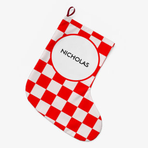 Meia De Natal Grande Padrão de Verificação Vermelho e Branco Personaliz