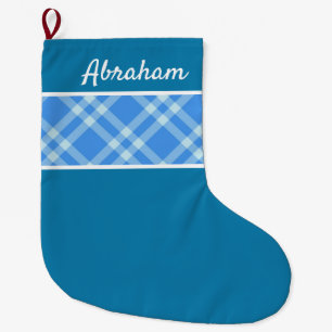 Meia De Natal Grande Padrão de Xadrez russo nome personalizado azul