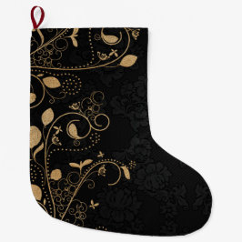 Meia De Natal Grande Padrão Decorativo Preto e Dourado