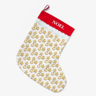Meia De Natal Grande Padrão Dourado de Natal em Branco e Vermelho