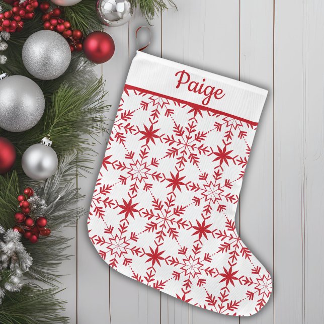 Meia De Natal Grande Padrão Escandinavo Vermelho e Branco Tradicional (Traditional Red & White Scandinavian Pattern Large Christmas Stocking)