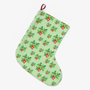 Meia De Natal Grande Padrão Simples verde Watercolor Holly Berries Xmas