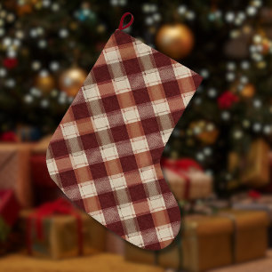 Meia De Natal Grande Padrão Xadrez Ferrugem Laranja Creme Rústico