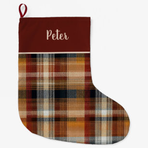 Meia De Natal Grande Padrão Xadrez Vermelho e Marrom Personalizado 